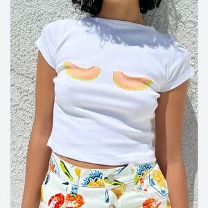 Lisa Says Gah White Crop Tee with cantaloupe boobs